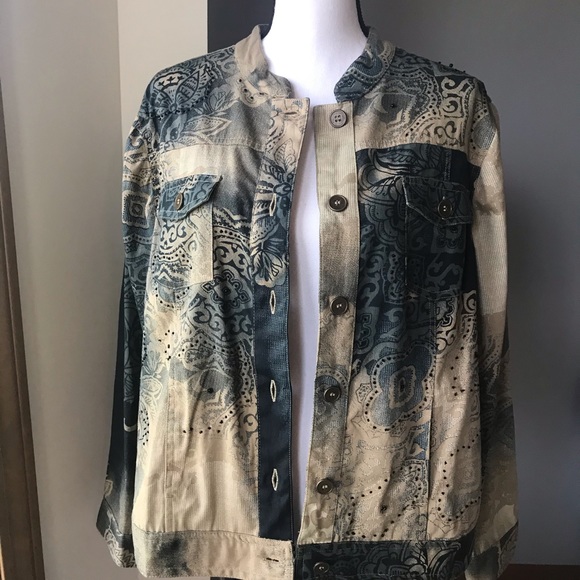 Tan/Teal Lightweight Jacket w/Beaded Details - Picture 7 of 7